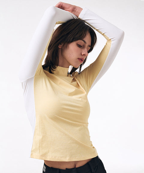 LENUCU Color Blocking Mock Neck Inner Tee - Lemon/White