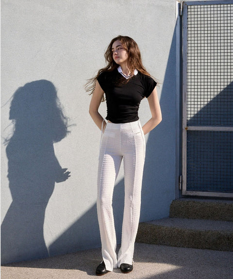 KANDINI Seersucker Stretch Slit Pants - White