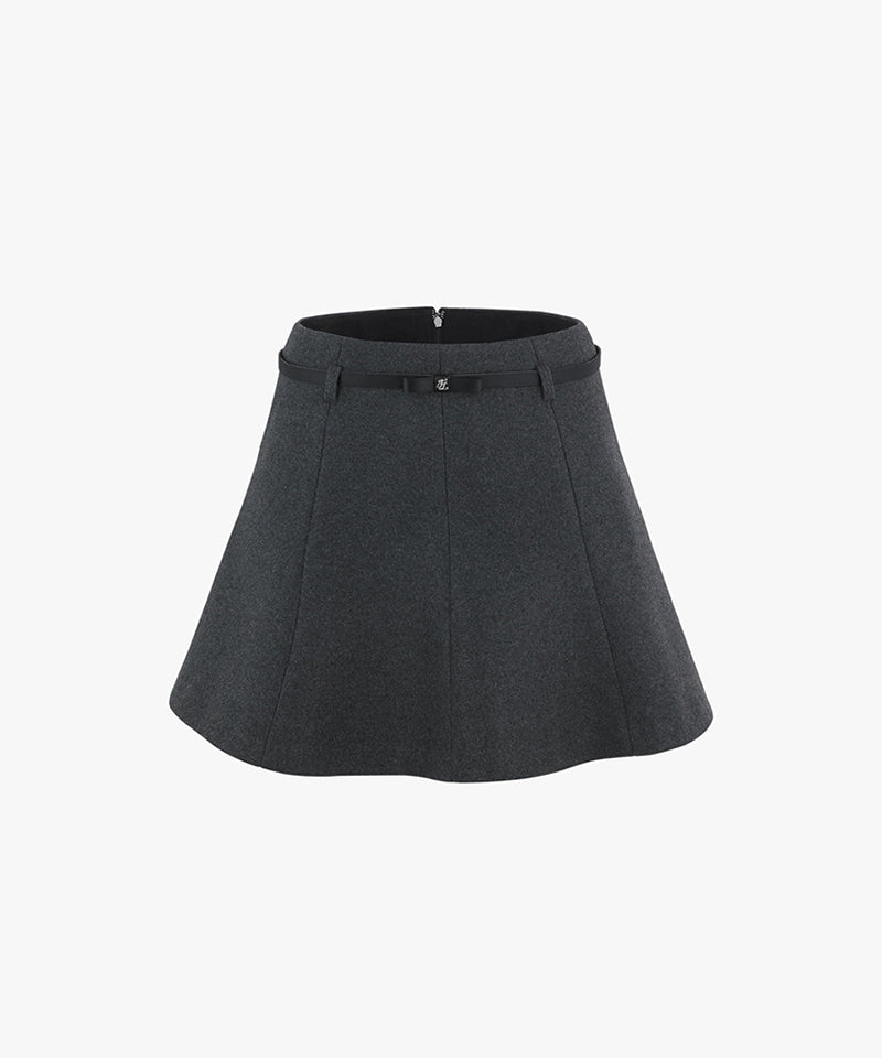 FAIRLIAR Ribbon Belt Flare Wool Skirt - Gray– Sokim