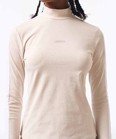 LENUCU Color Blocking Mock Neck Inner Tee - Beige/White