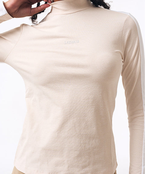 LENUCU Color Blocking Mock Neck Inner Tee - Beige/White