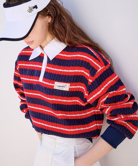 KANDINI  Blossom Striped Collar Knit - Red