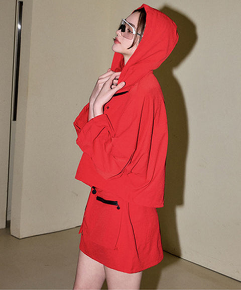 KANDINI Airy Hoodie Jacket & Skirt Set - Red