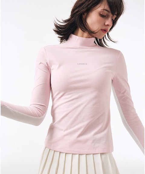 LENUCU Color Blocking Mock Neck Inner Tee - Pink/White